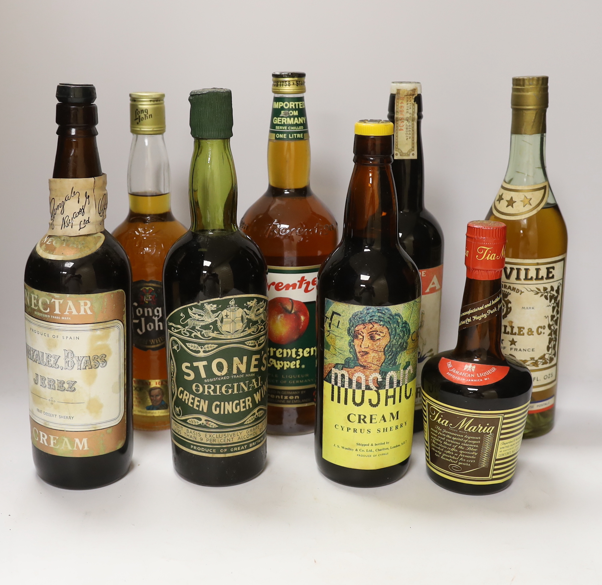 Eight various bottles of spirits etc including Long John Whisky